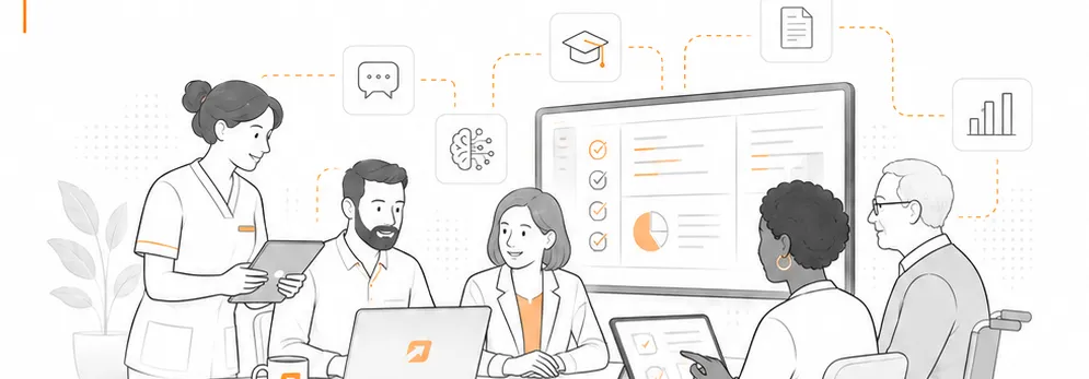Illustration: Mitarbeitende in sozialen und pflegerischen Organisationen arbeiten gemeinsam mit einer digitalen Oberfläche und KI-gestützten Funktionen.